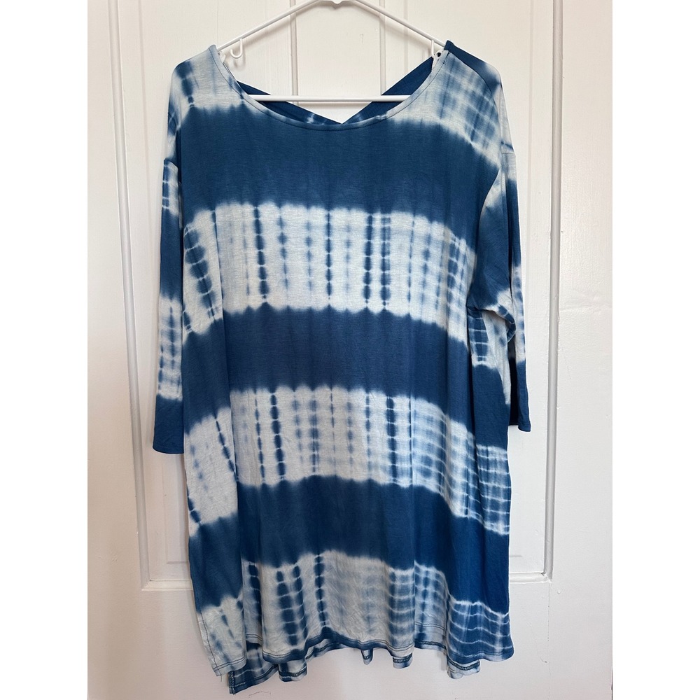 Emerald Women 2X Blue White Tie Dye Tunic Top Lattice Back 3/4 Sleeve ETK-7109